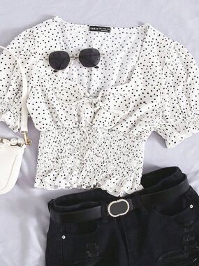 Polka Dot Puff Sleeve Smocked Crop Top | Tie Front Cottagecore Blouse